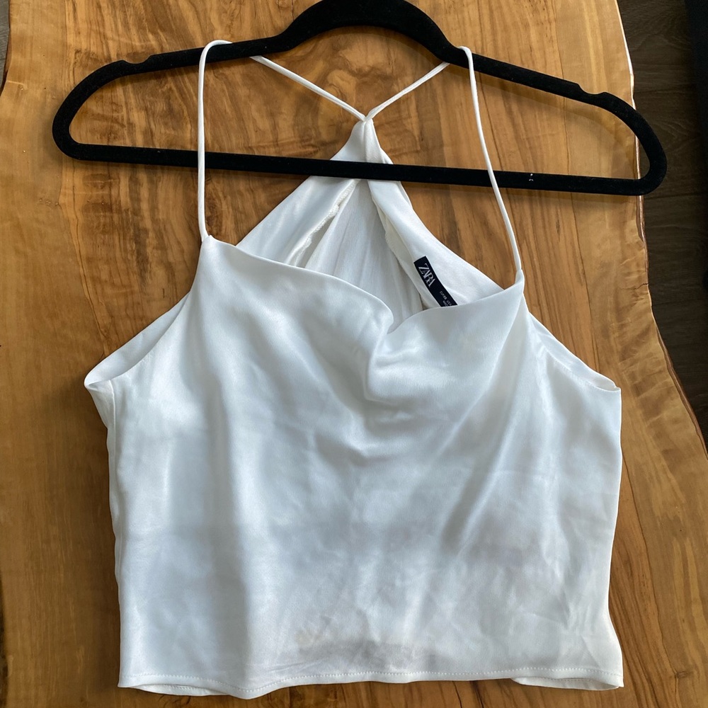 Zara White Flowy Satin Crop Tank (XS)